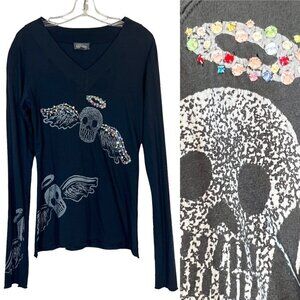 Vintage T-shirt Top Y2K Black Skull Rhinestone Long Sleeve Medium